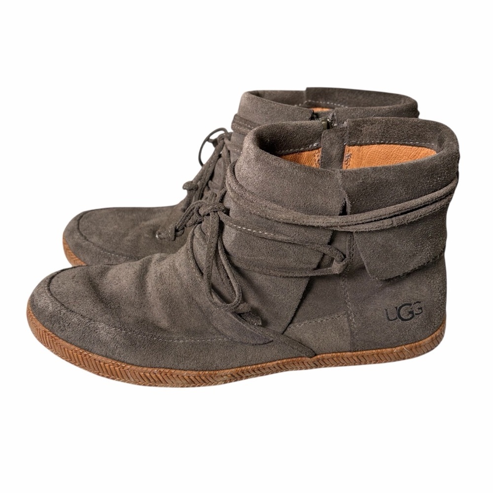 Ugg Reid Slate Grey Suede Moccasin Booties Boho Woven Size 9